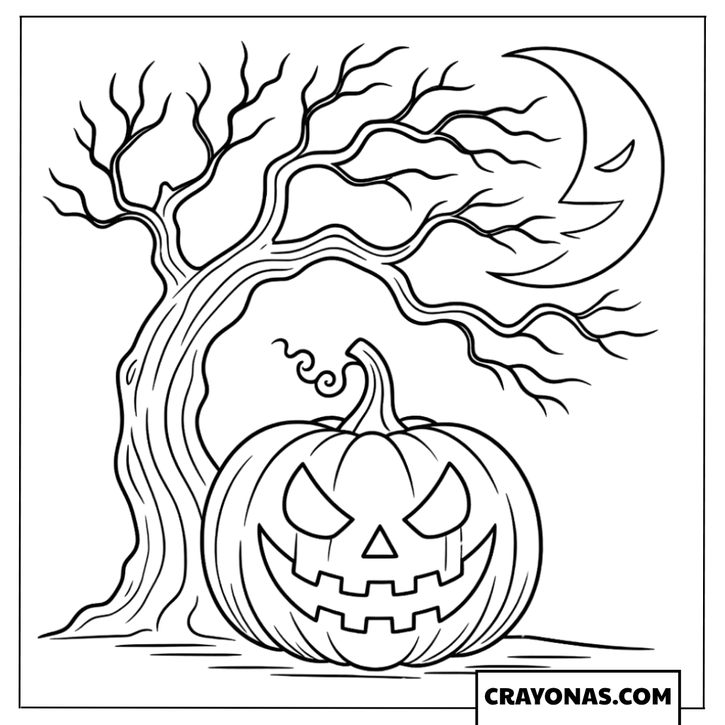 Haunted Tree with Pumpkin Coloring Page