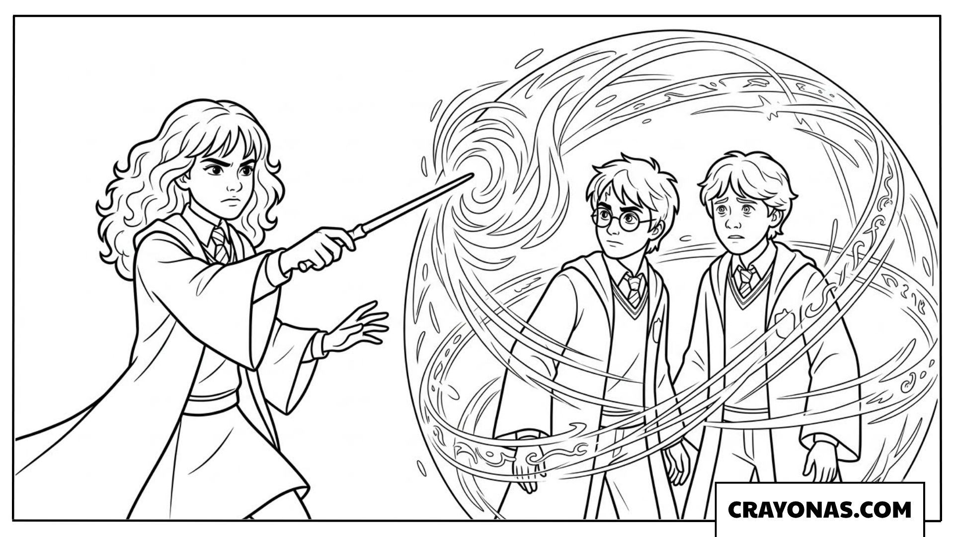 Hermione Casting Protective Harry and Ron Spell Coloring Pages