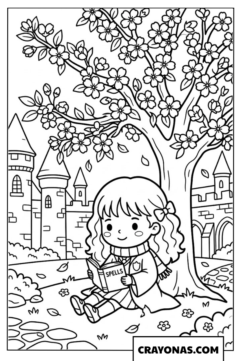 Hermione Reading Under Blossom Tree Coloring Pages