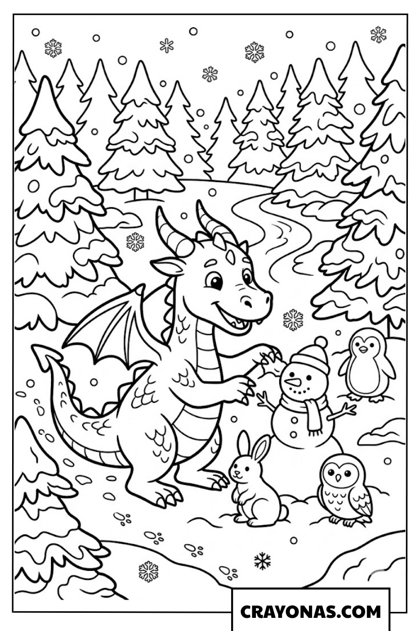 Ice Dragon Making a Snowman Coloring Page