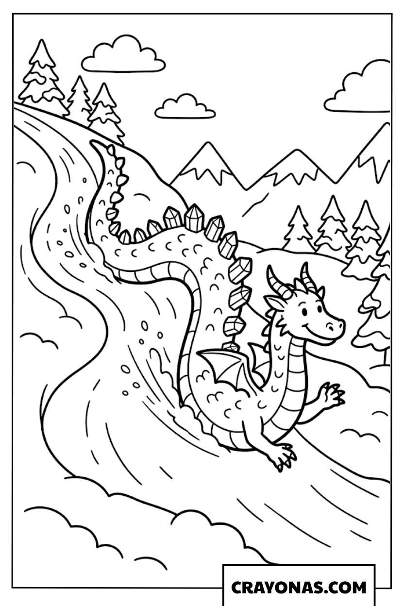 Ice Dragon Skiing Down Snowy Mountain Coloring Page