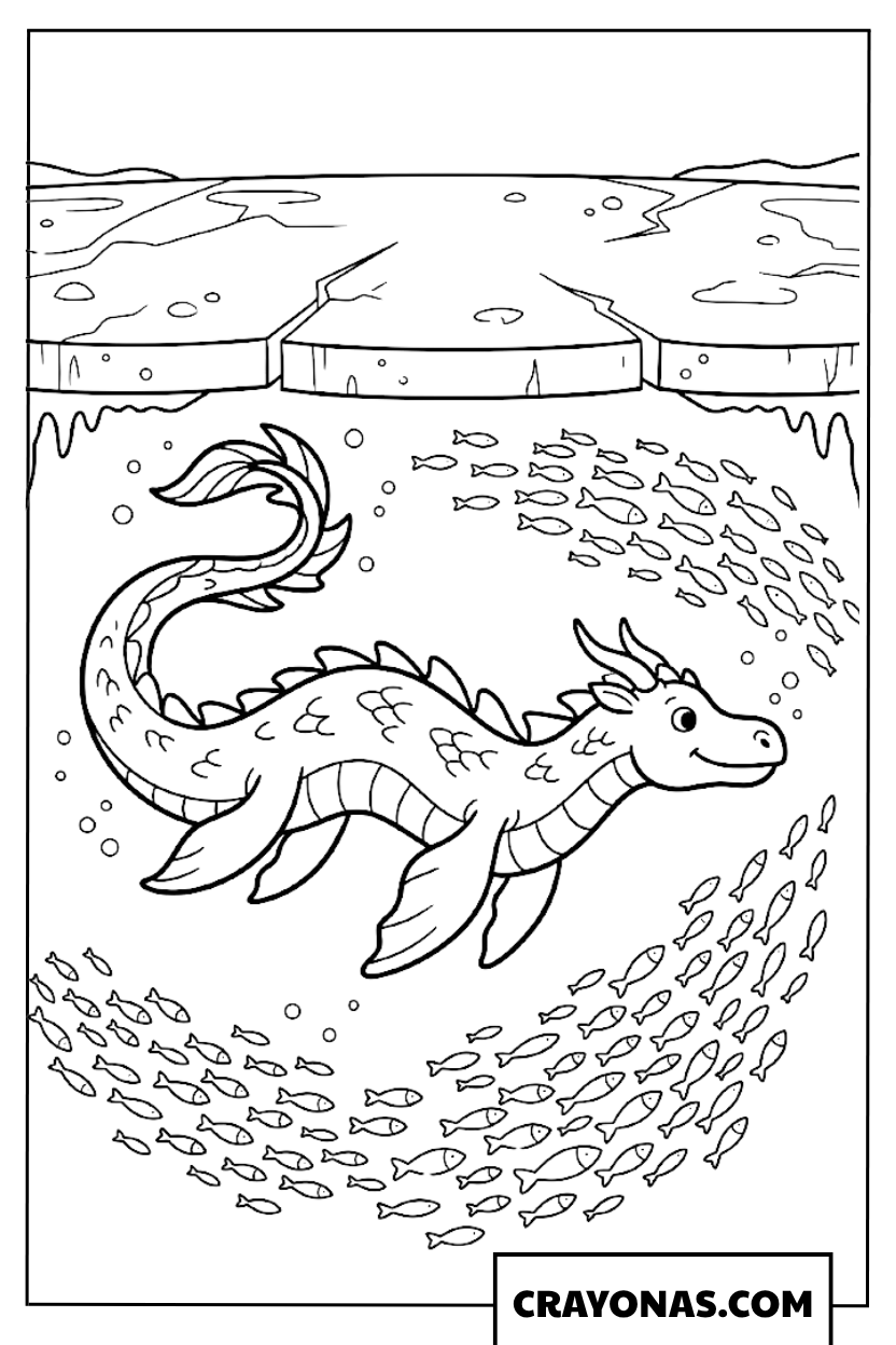 Ice Dragon Swimming with Fish Coloring Page