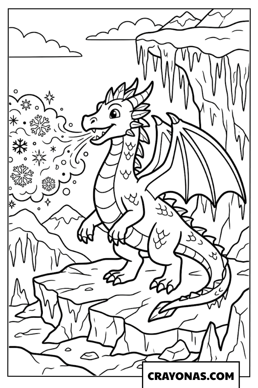 Ice Dragon on Frozen Cliff Coloring Page