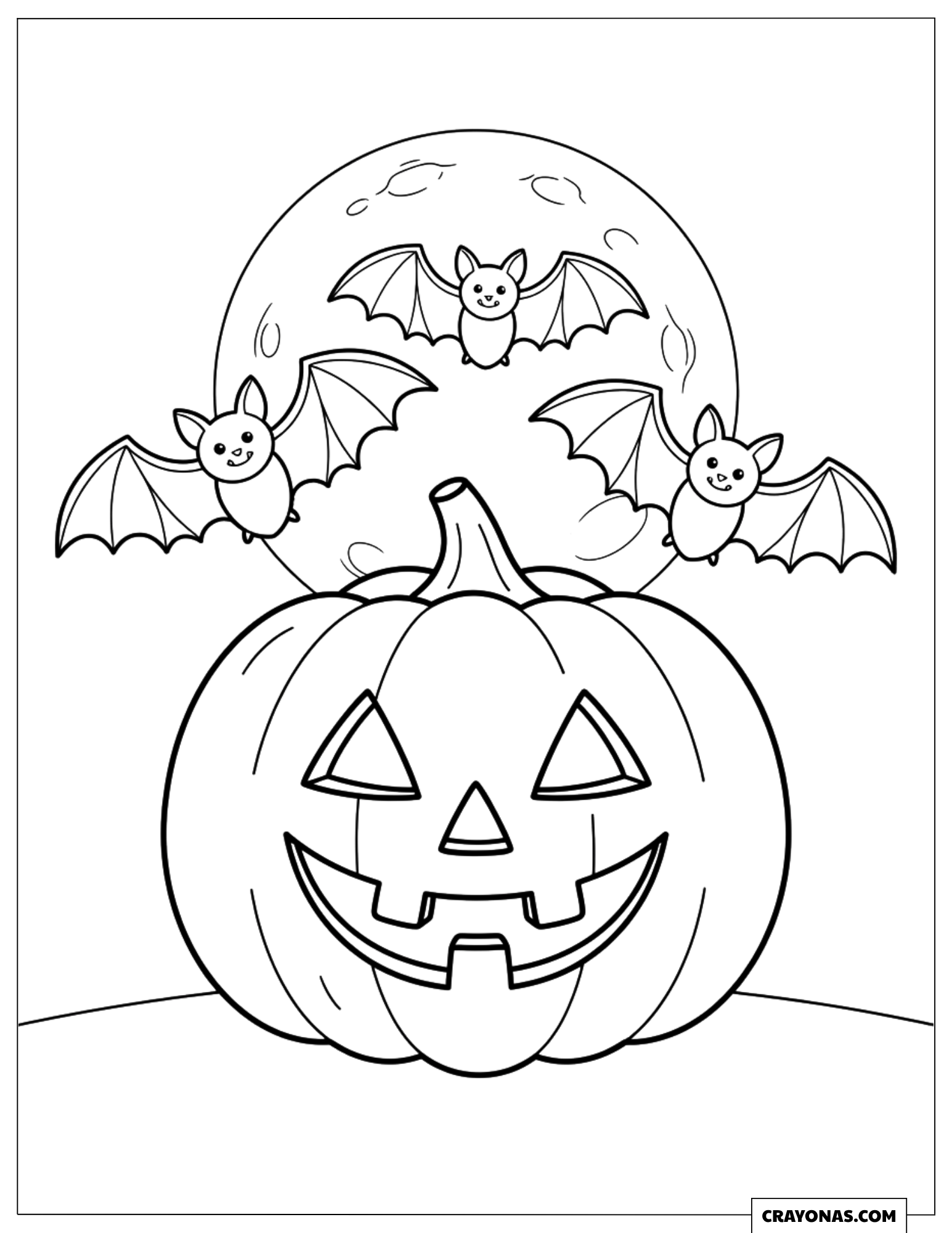 Jack-o'-Lantern Pumpkin and Flying Bats Coloring Template