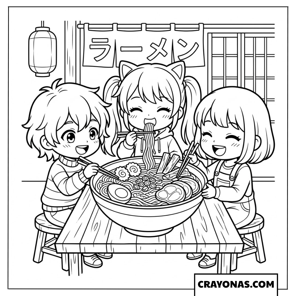 Kids Eating Ramen Together Coloring Page