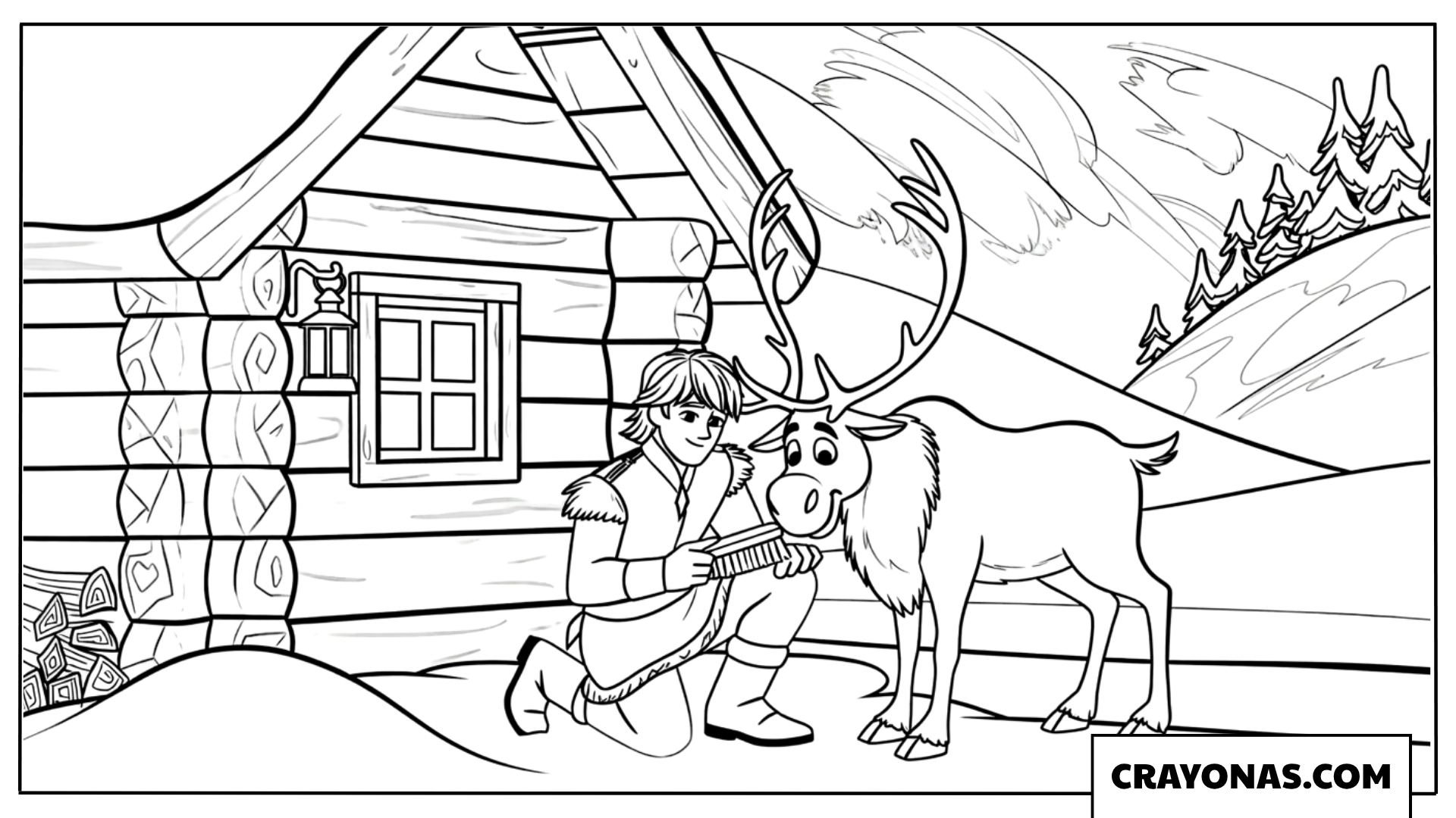 Kristoff Feeding Sven at the Log Cabin Coloring Page