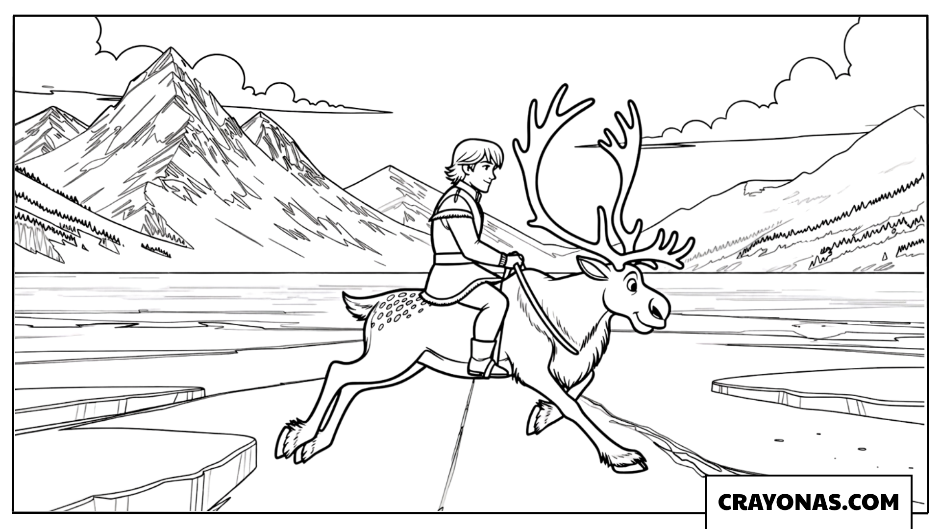 Kristoff Riding Sven Through the Mountains Coloring Page