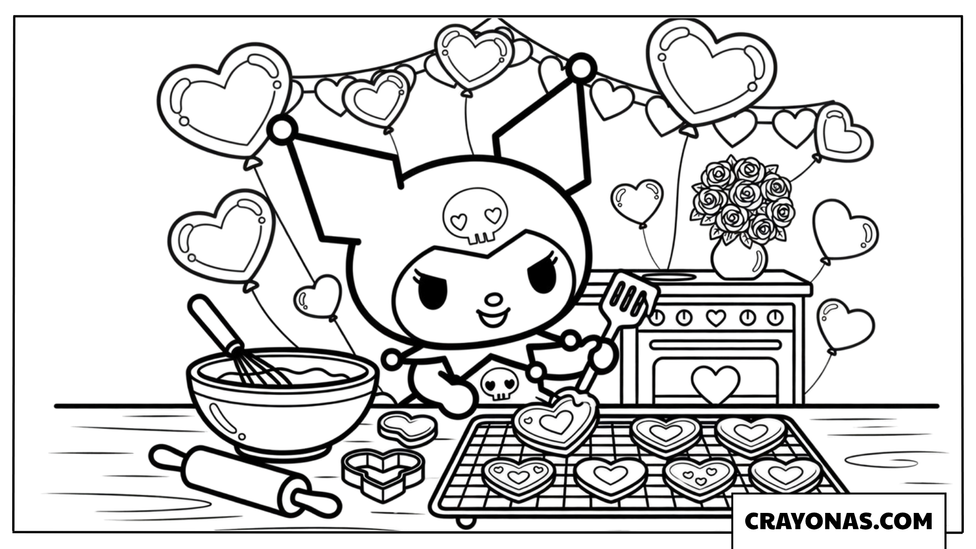 Kuromi Baking Heart Cookies Coloring Page