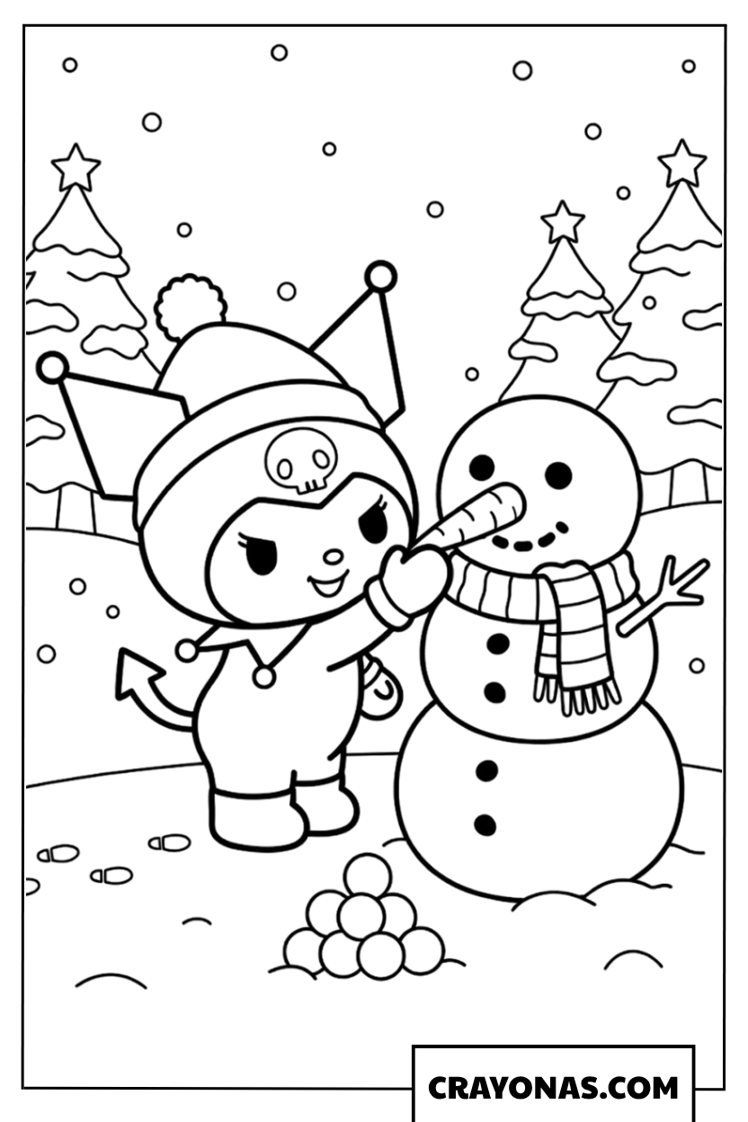 Kuromi Building Snowman Coloring Page