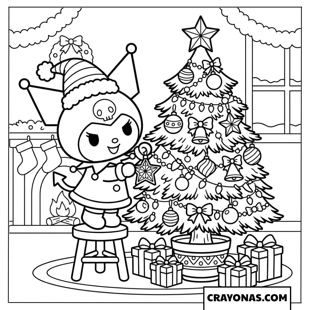Kuromi Decorating the Christmas Tree Coloring Page