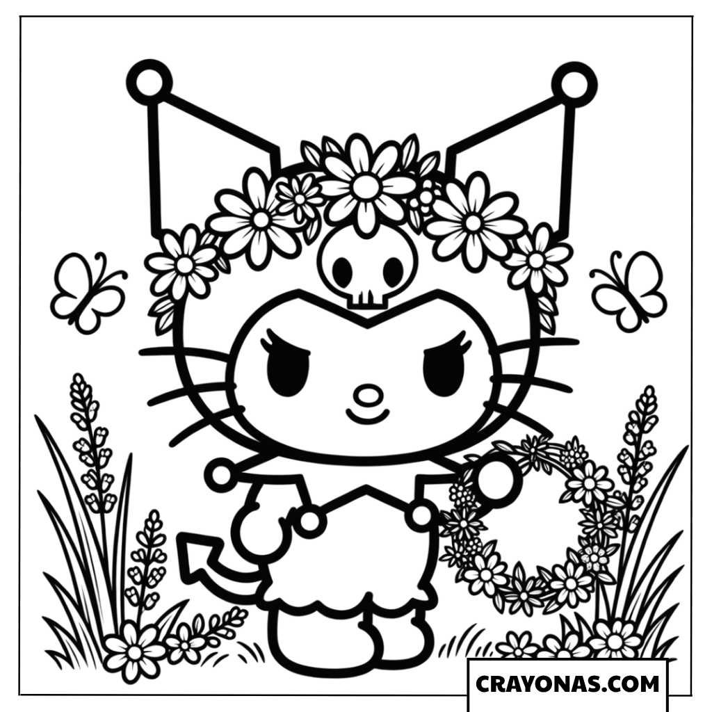 Kuromi Flower Crown Garden Coloring Page