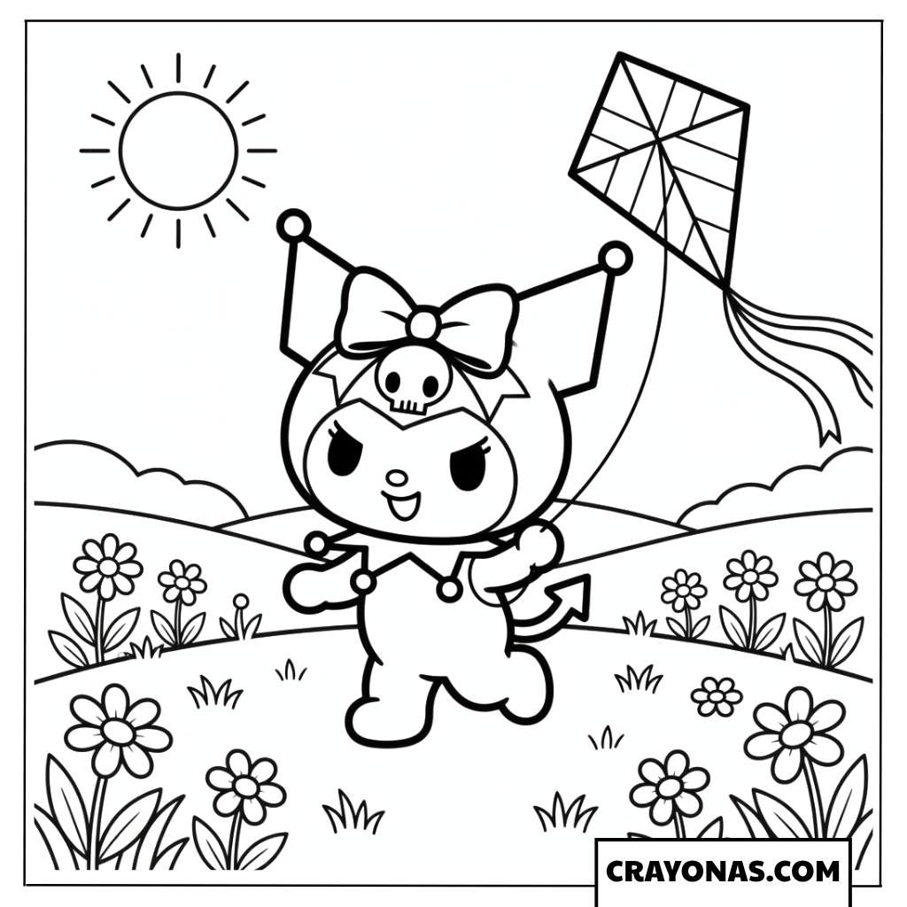 Kuromi Flying a Kite in the Meadow Coloring Page