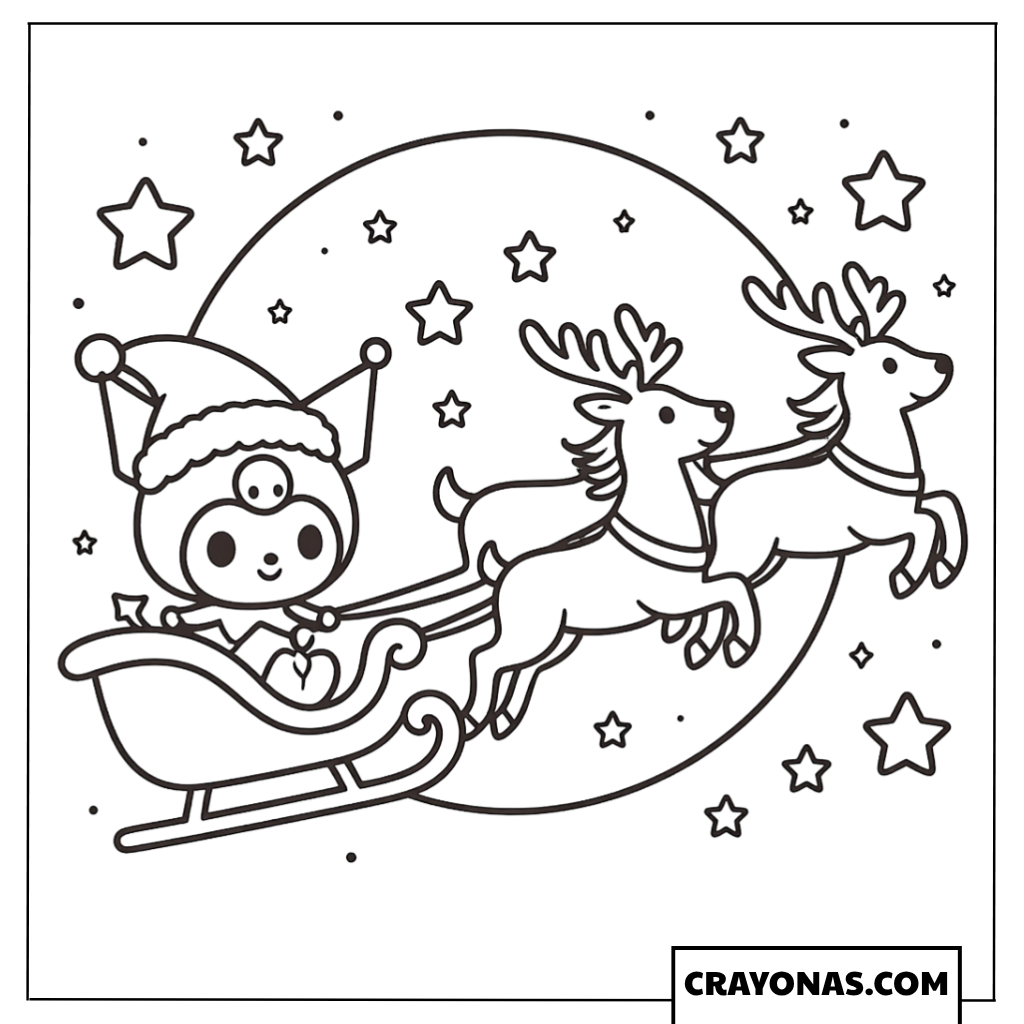 Kuromi Flying in Santas Sleigh Coloring Page