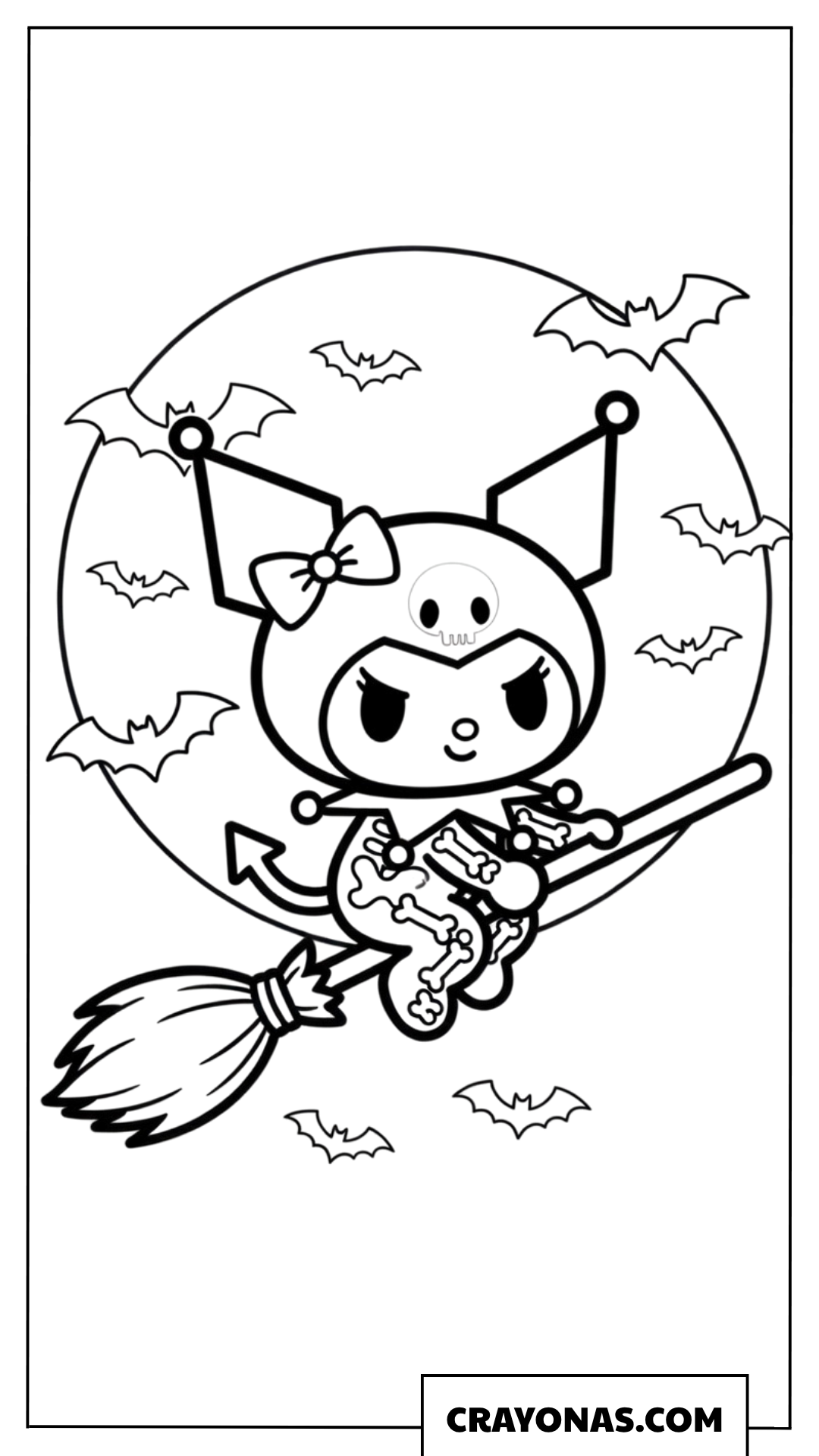 Kuromi Flying on Broomstick Coloring Page