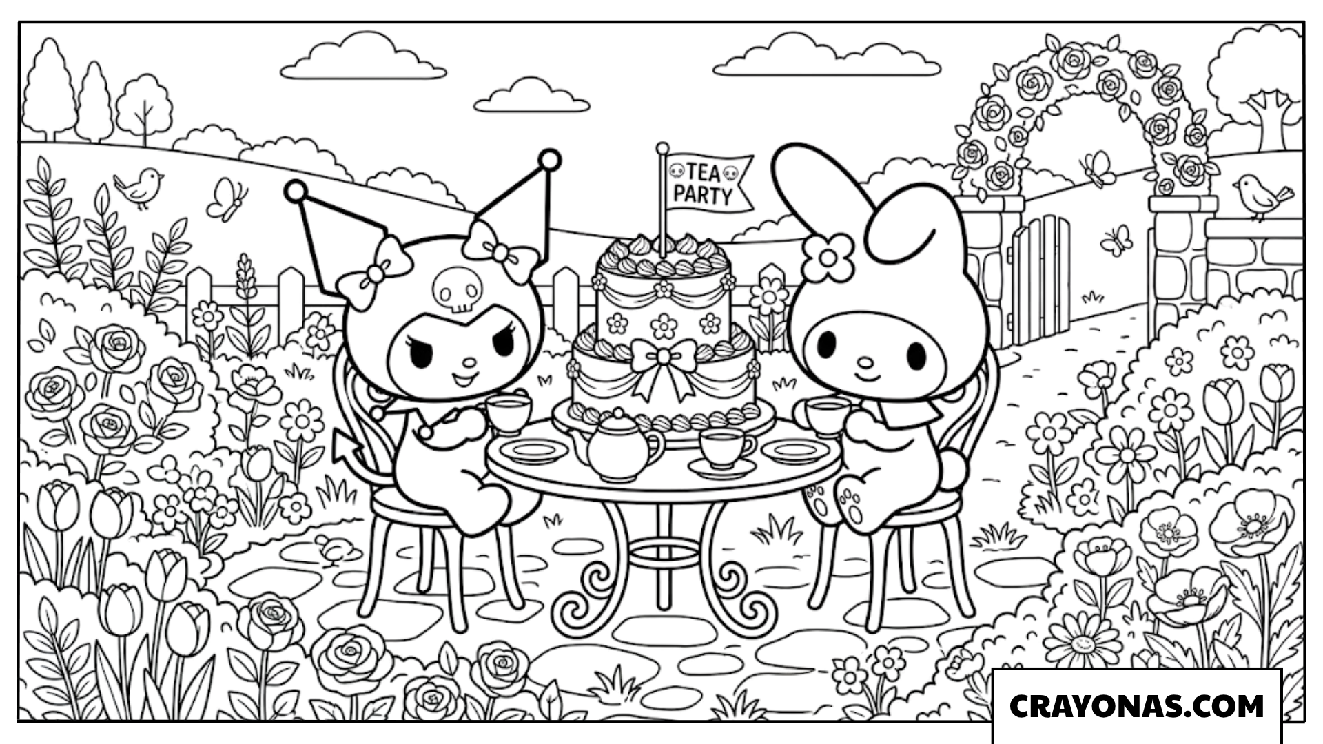 Kuromi and My Melody Garden Tea Party Coloring Page