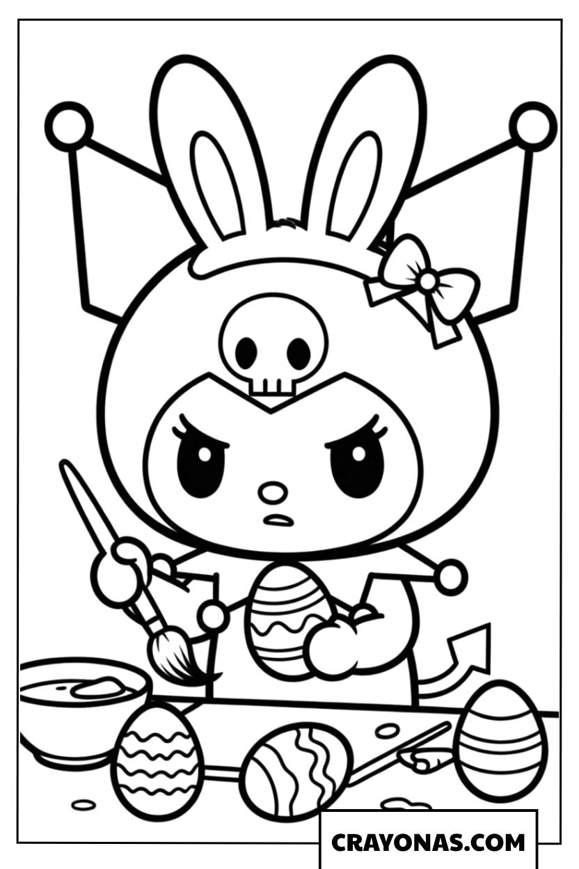 Kuromi Painting Easter Eggs Coloring Page