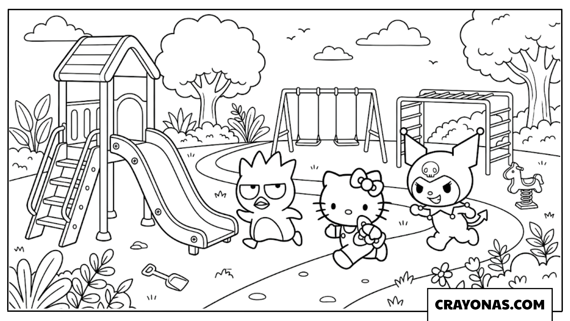 Kuromi, Hello Kitty, Badtz-Maru, Playground Coloring Page