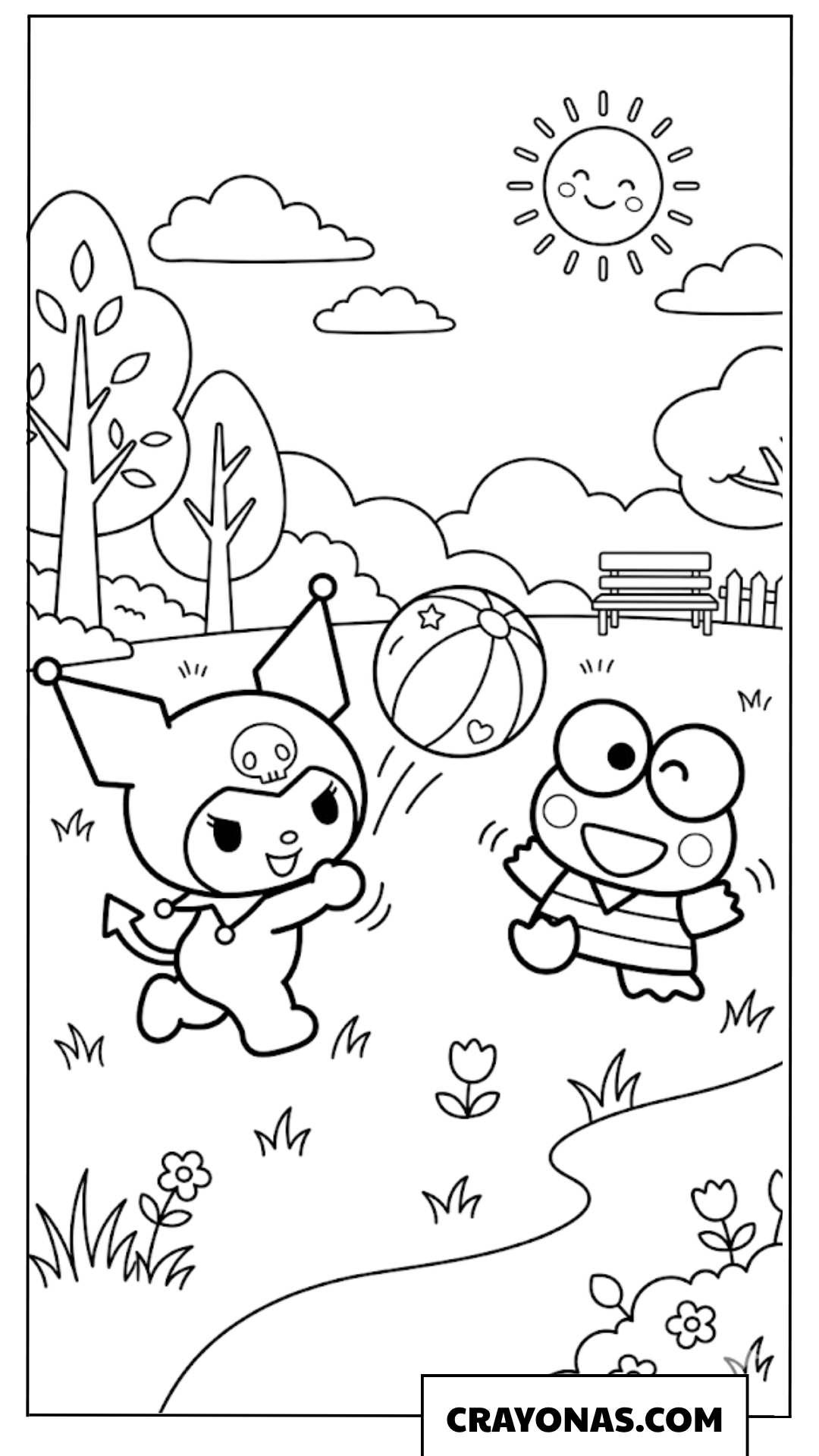 Kuromi Playing Ball with Keroppi Coloring Page