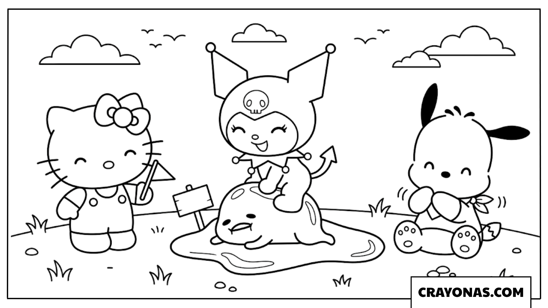 Kuromi Riding Gudetama Coloring Page with Hello Kitty and Pochacco