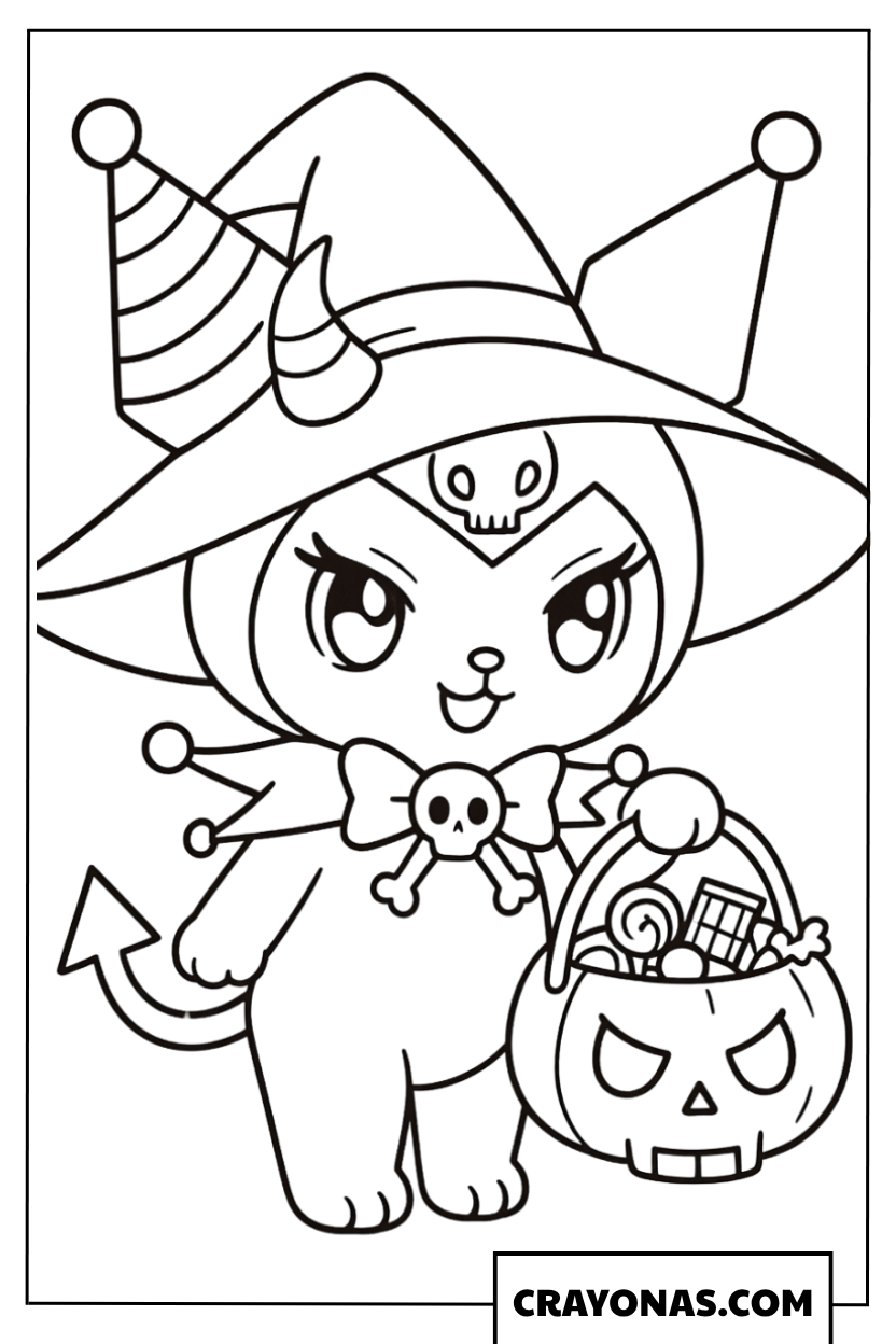 Kuromi Trick-or-Treat Witch Coloring Page