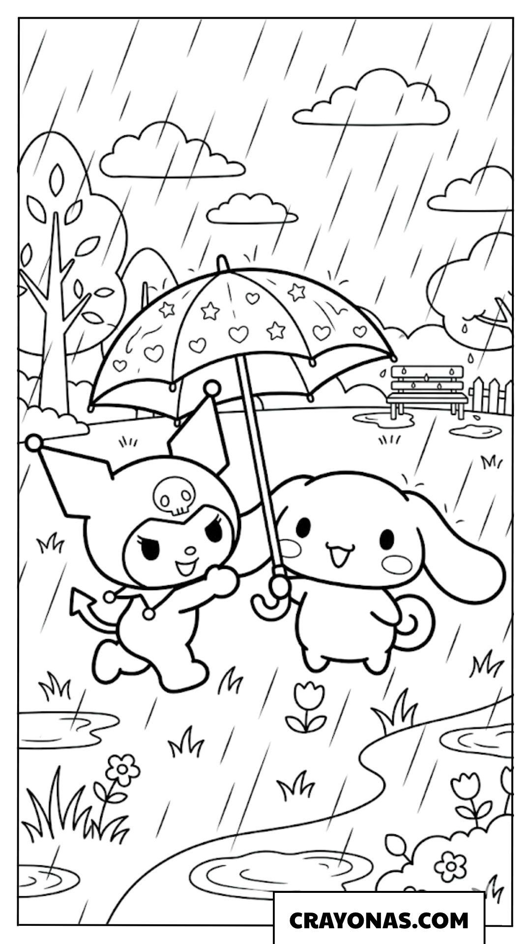 Kuromi and Cinnamoroll Rainy Day Coloring Page