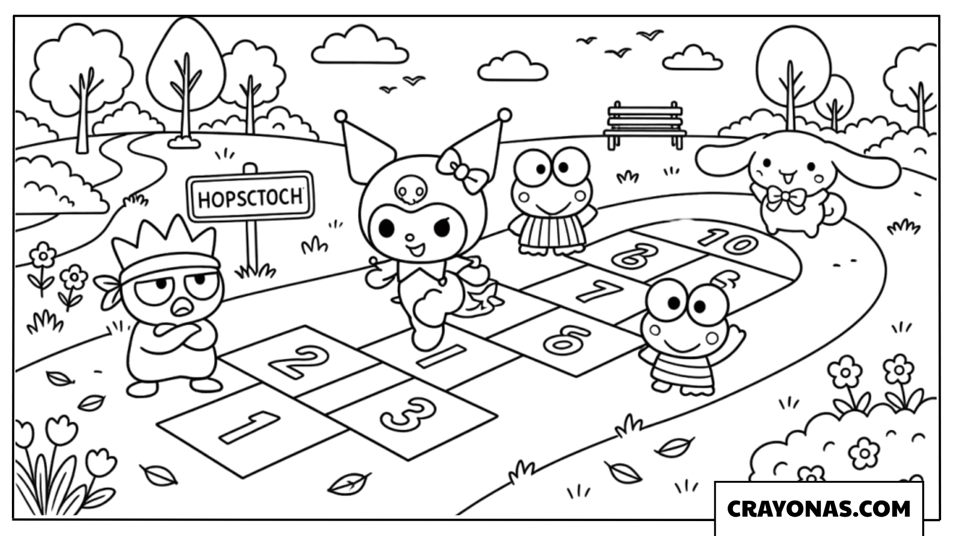 Kuromi Playing Hopscotch with Keroppi, Badtz-Maru, and Cinnamoroll Coloring Page