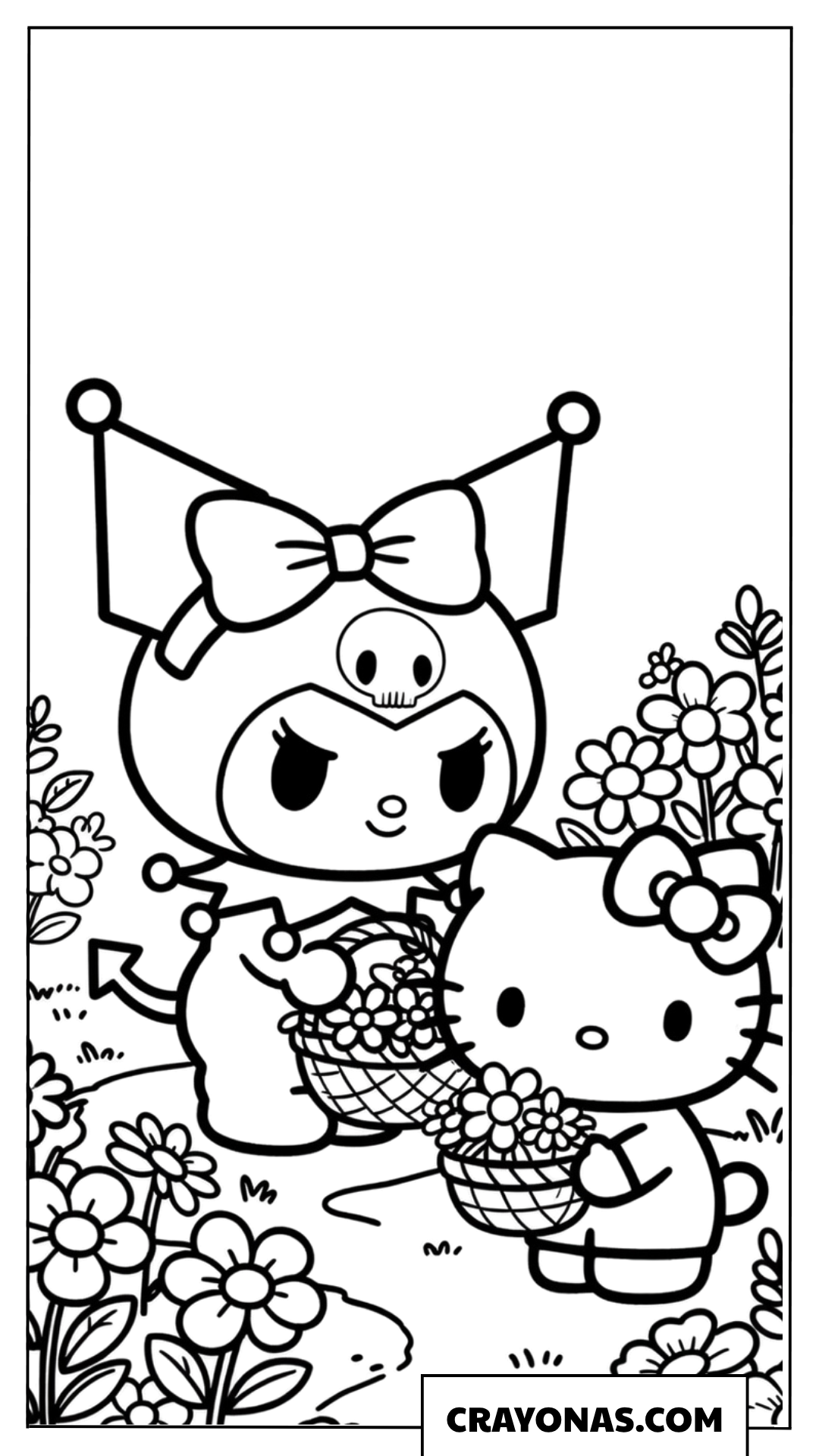 Kuromi and Hello Kitty Flower Picking Coloring Page