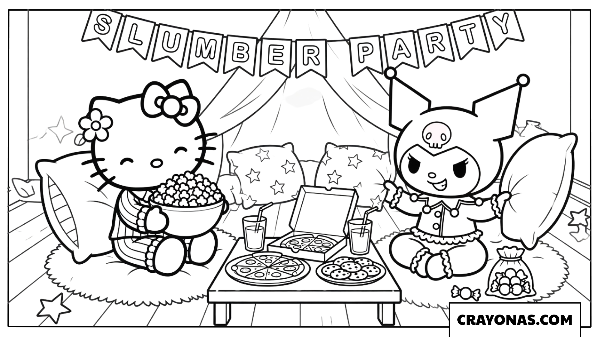 Kuromi and Hello Kitty Slumber Party Coloring Page
