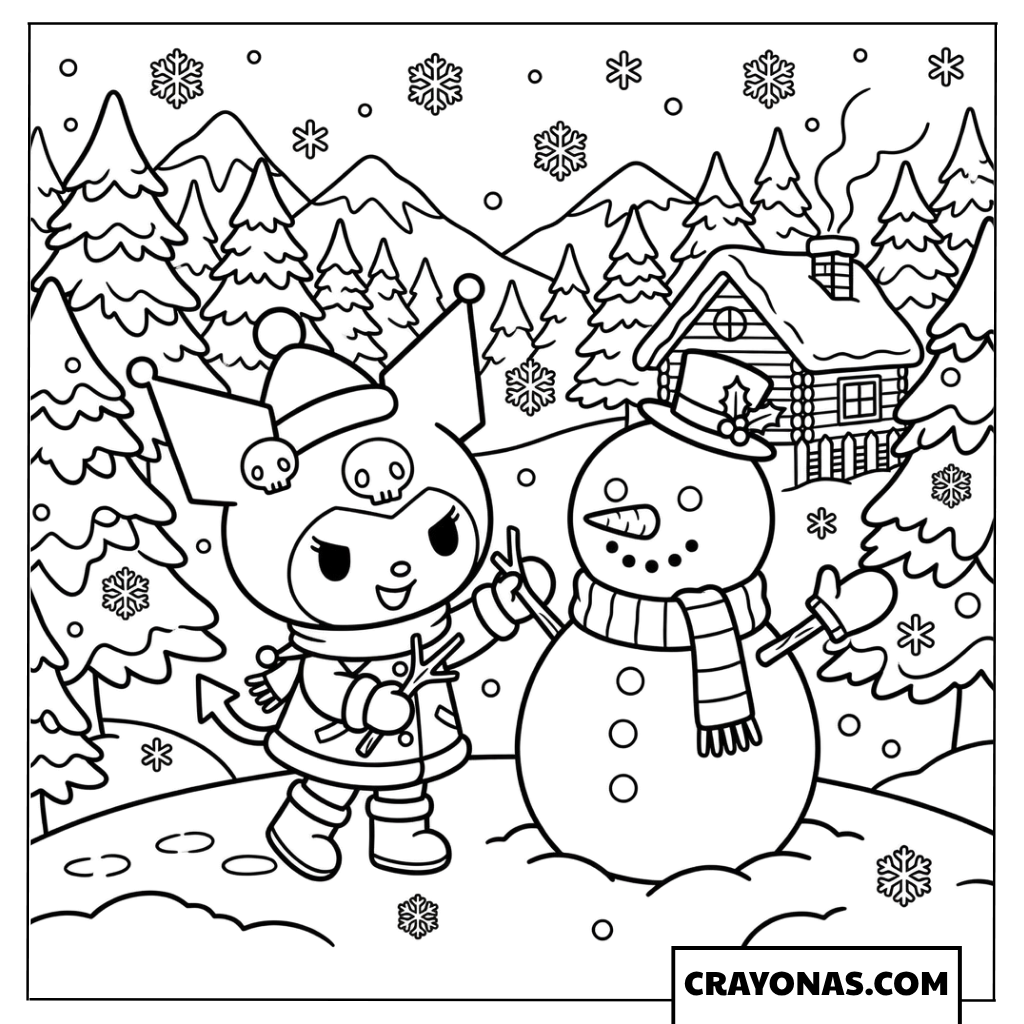 Kuromi and the Snowman Coloring Page