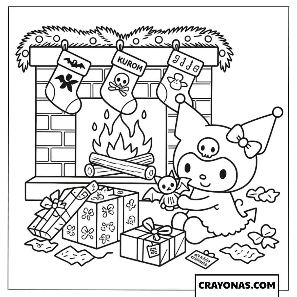 Kuromi by the Fireplace Coloring Page