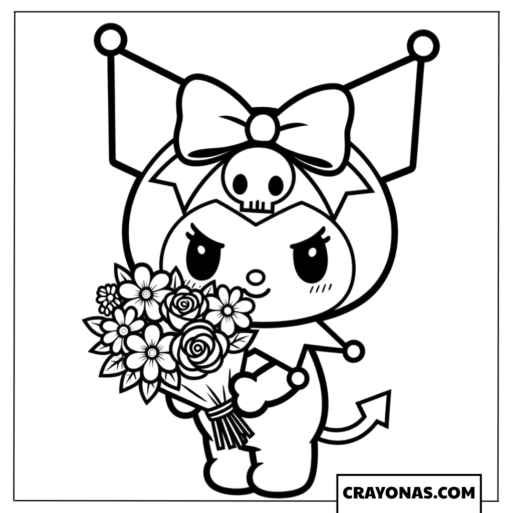 Kuromi with Beautiful Flower Bouquet Coloring Page