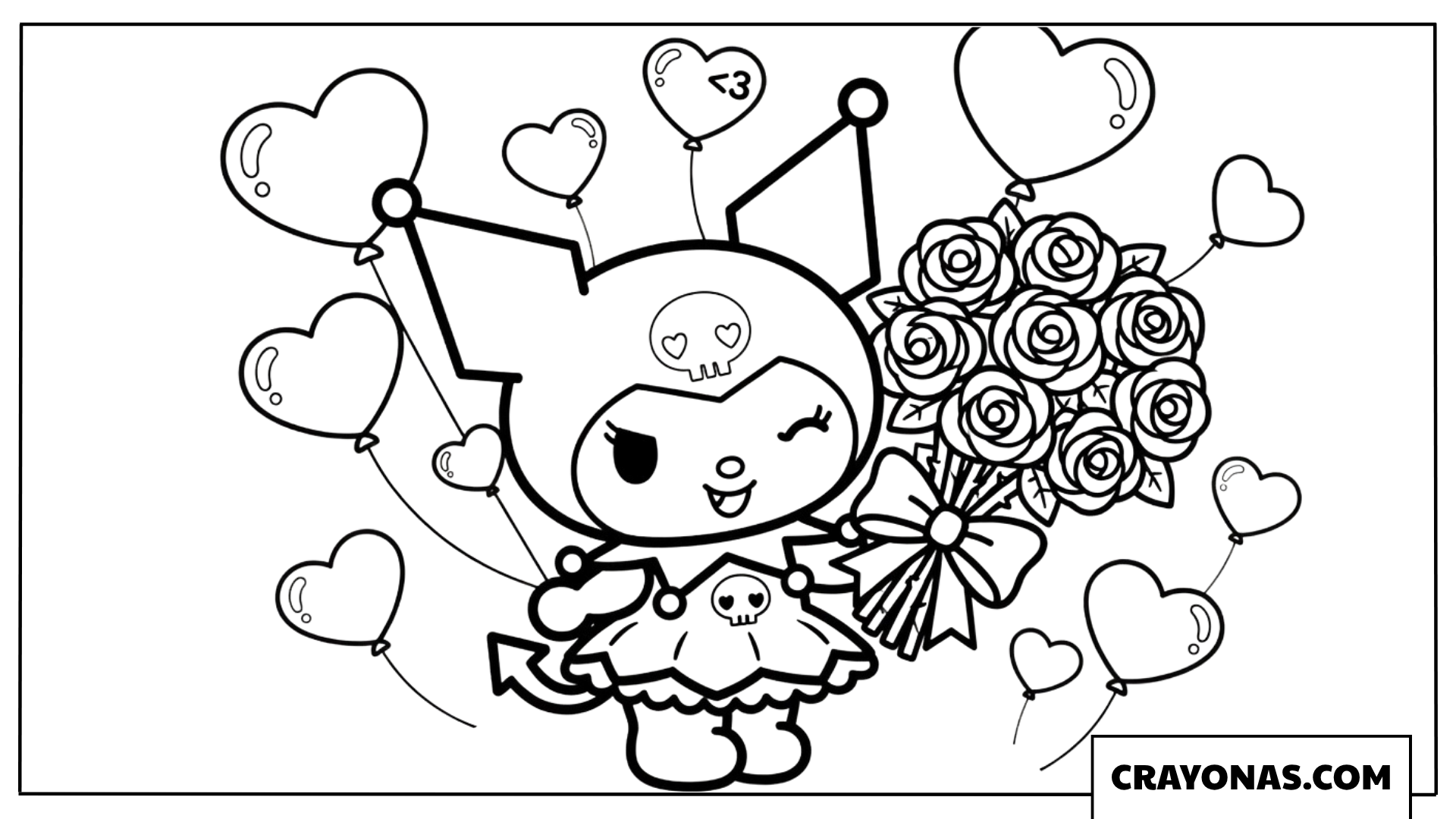 Kuromi with Flowers and Balloons Coloring Page