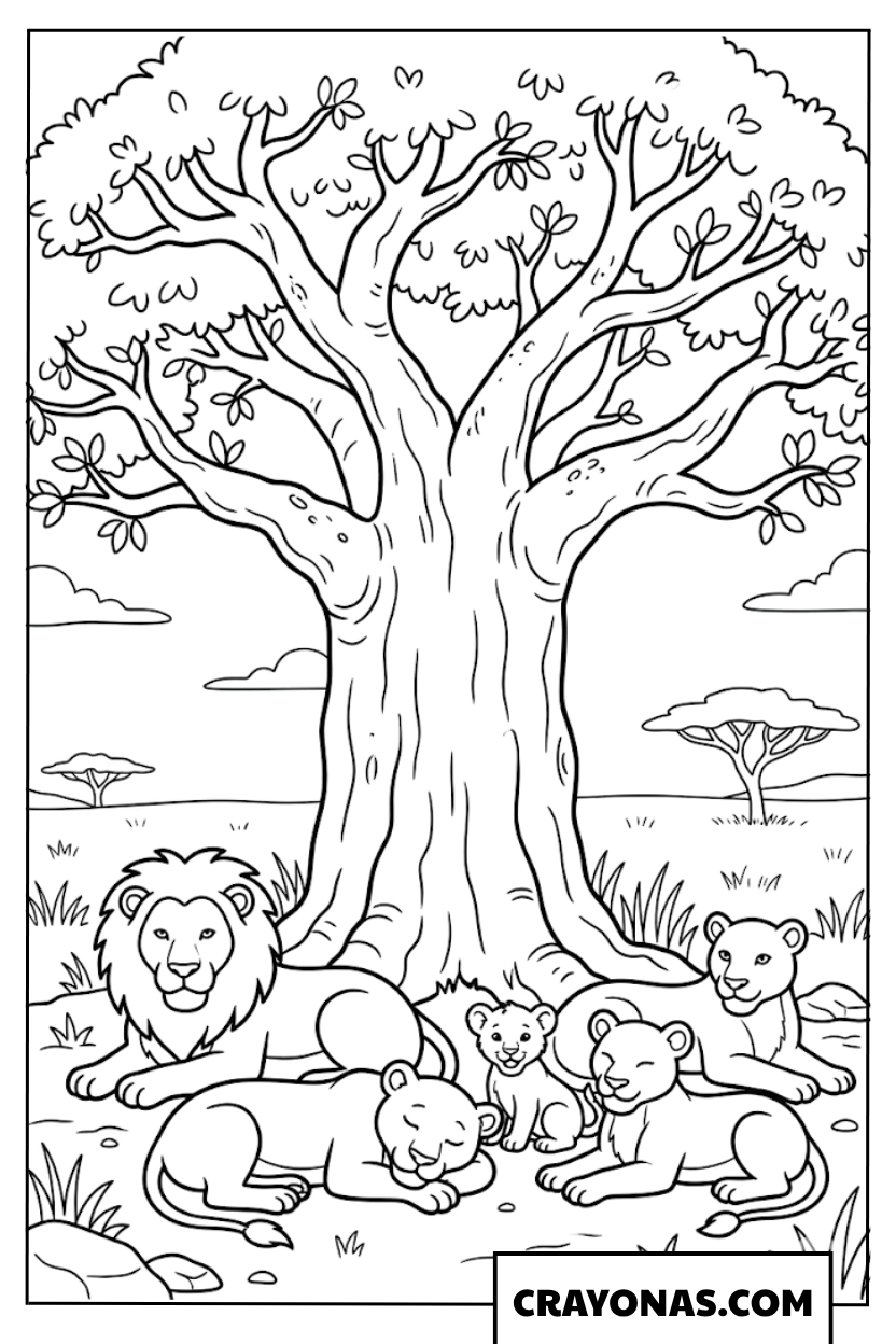 Lion Family Under Tree Coloring Page
