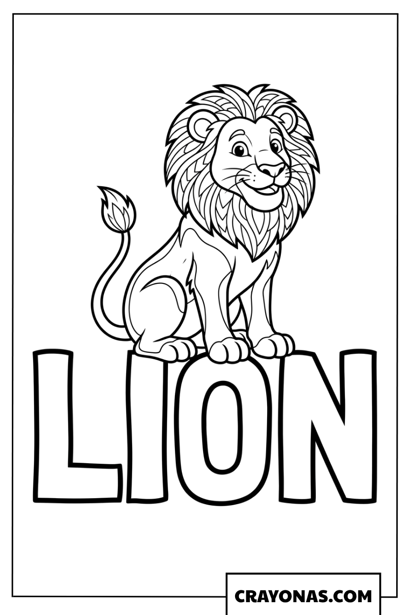 Lion with Word LION Coloring Page