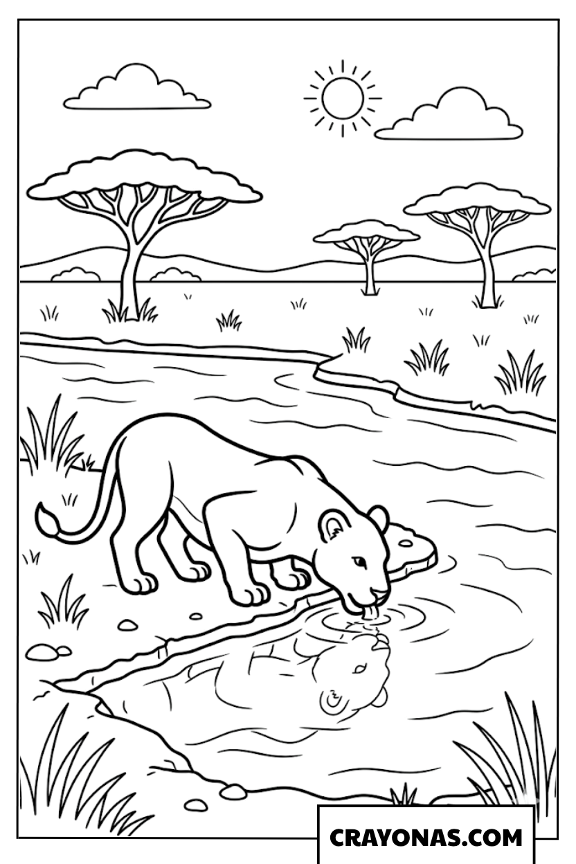 Lioness Drinking Water Coloring Page