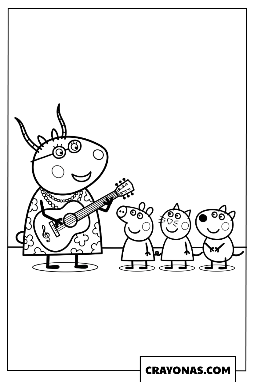 Madame Gazelle, Peppa Pig, Candy Cat and Danny Dog Music Class Coloring Page