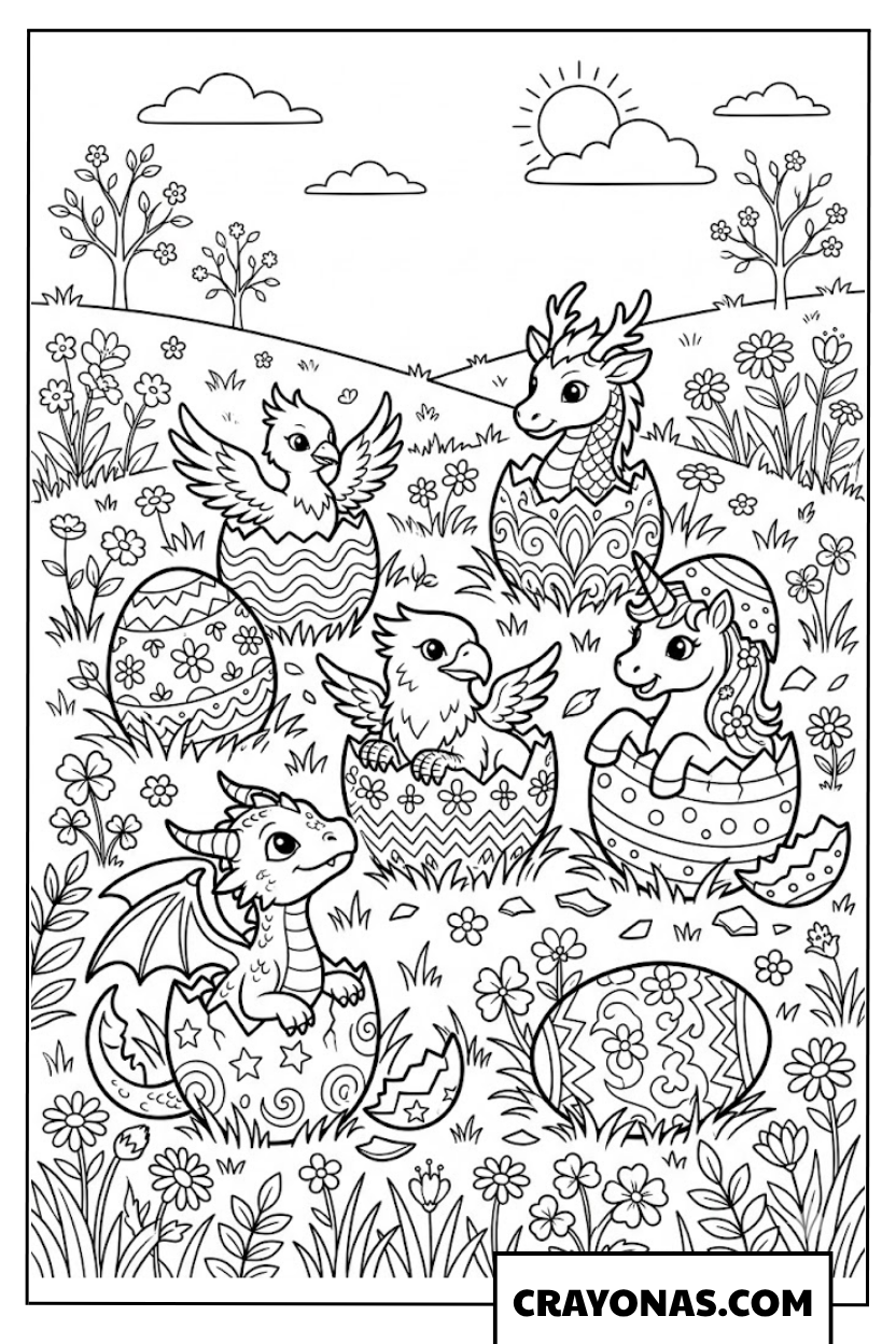 Magical Creatures Hatching from Easter Eggs Coloring Pages
