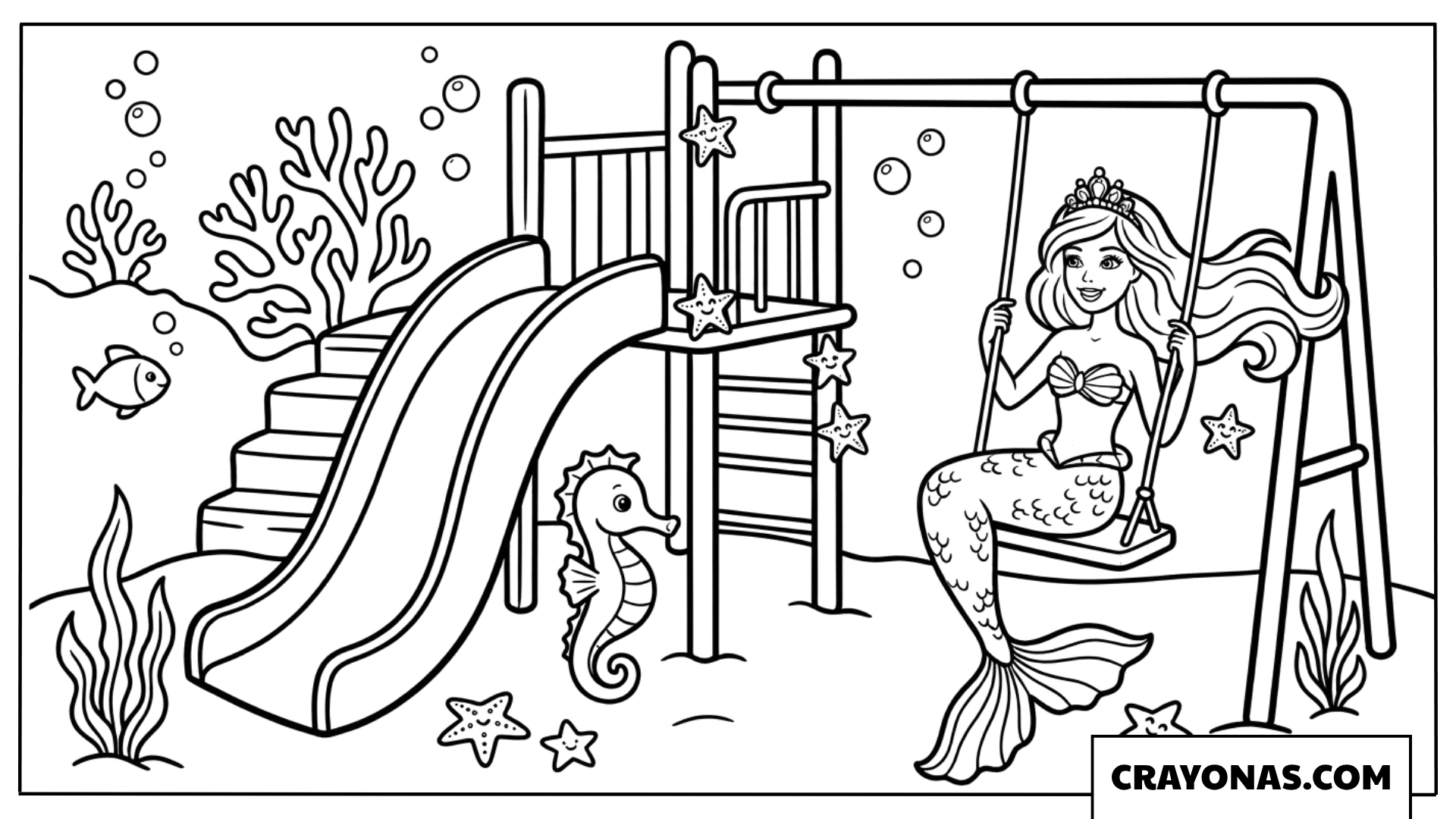 Mermaid Barbie and Seahorses Underwater Swing Coloring Page