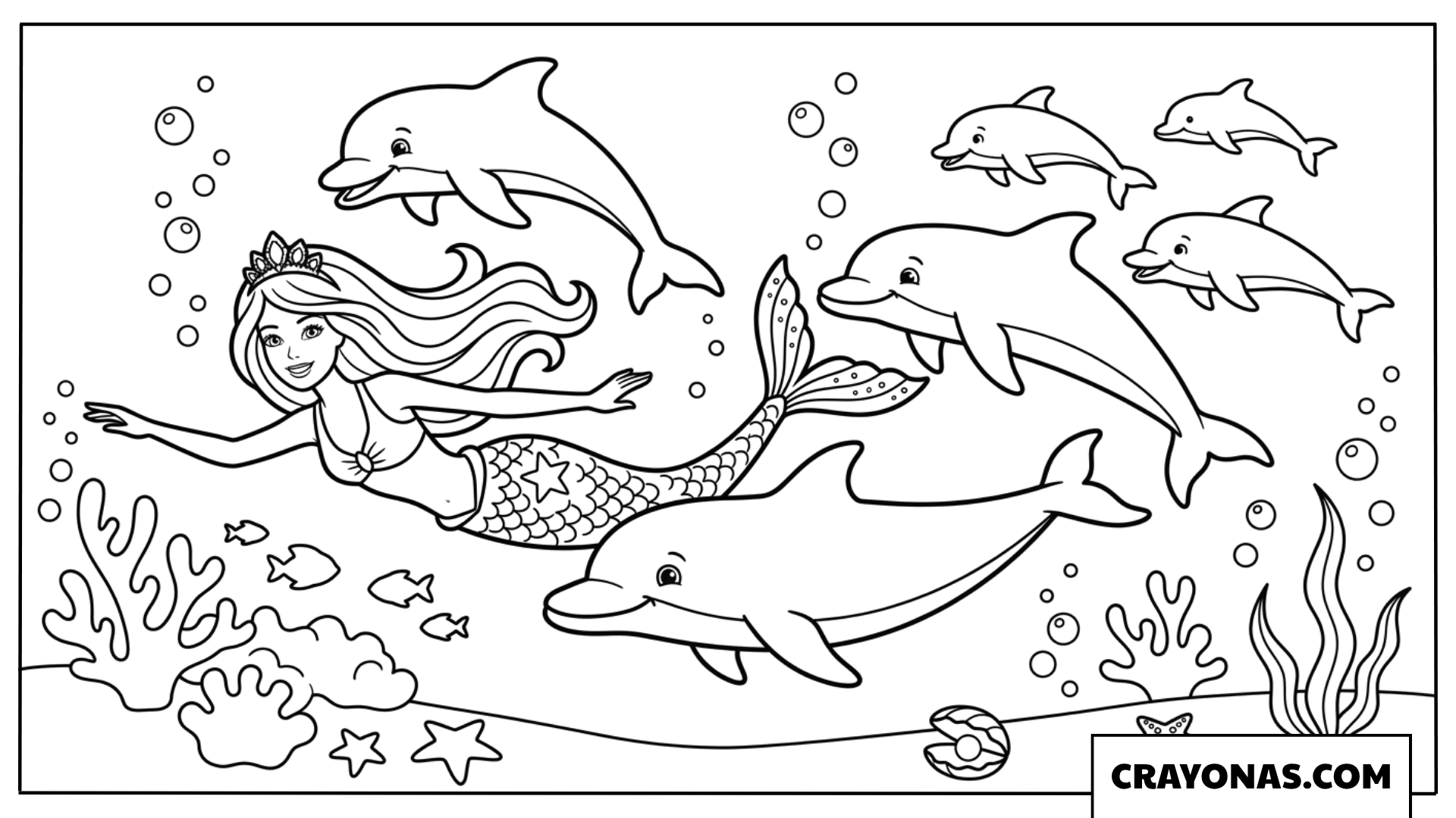 Mermaid Barbie with Dolphins Coloring Page