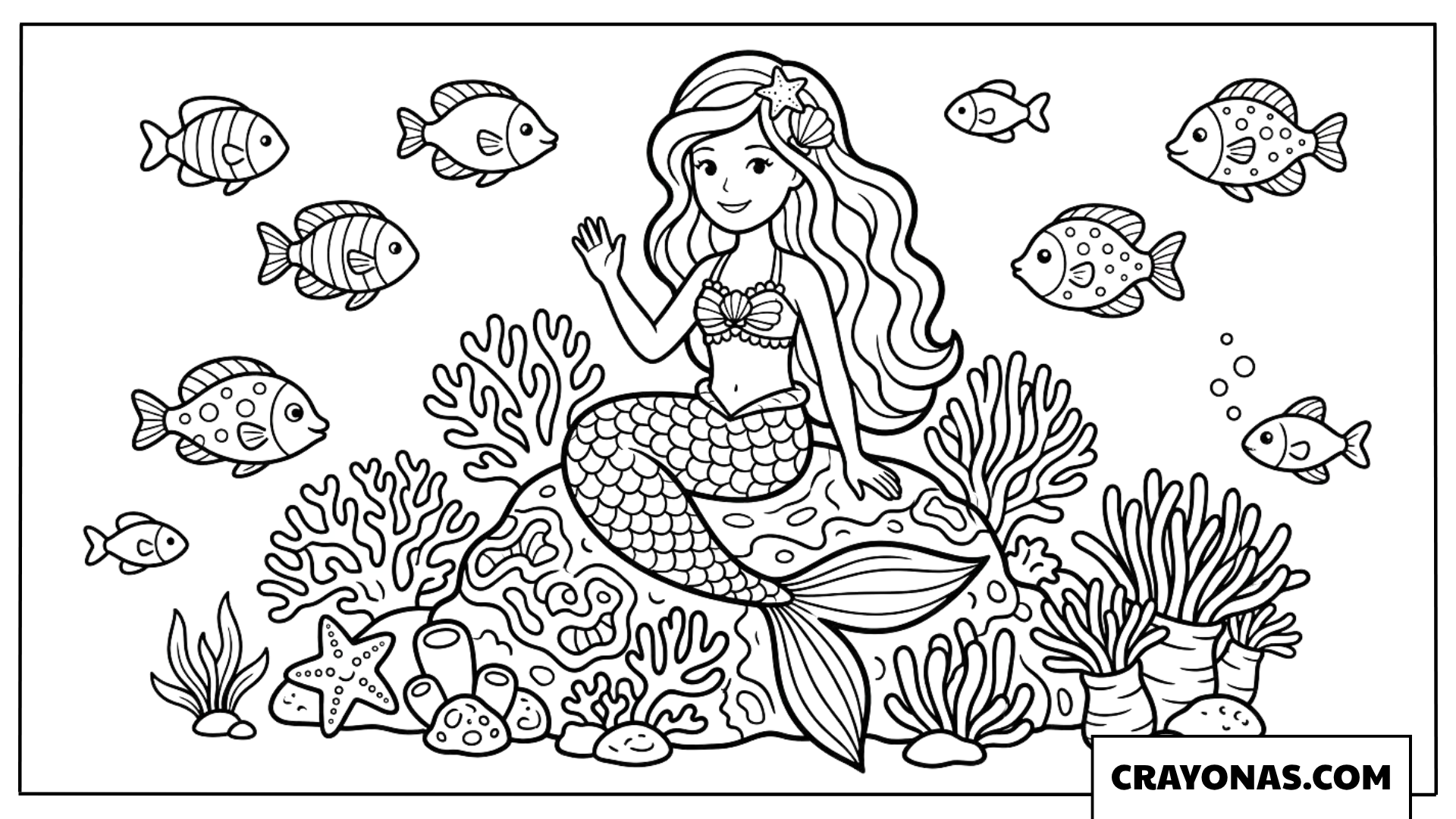 Mermaid Barbie with Fish and Coral Coloring Page