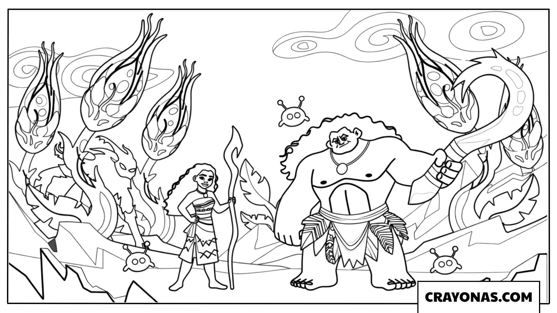 Moana and Maui Facing the Kakamora Coloring Page
