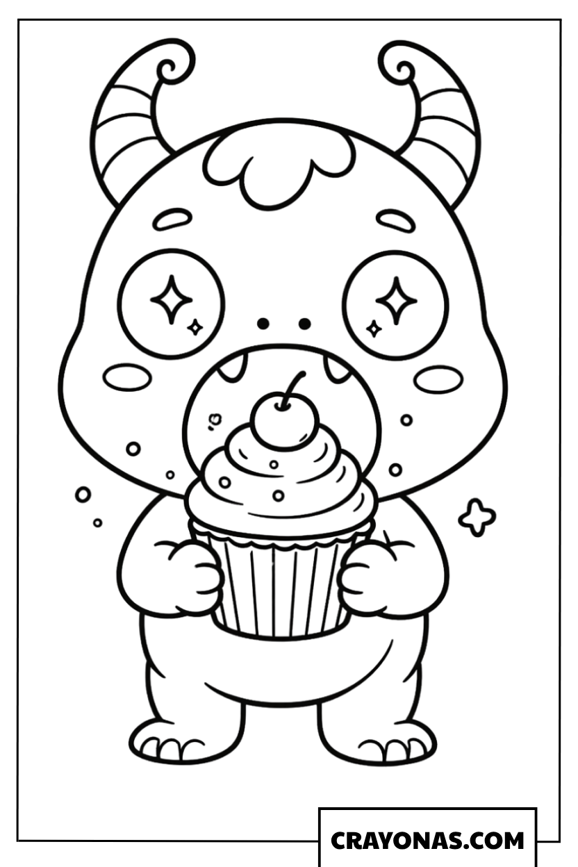 Monster Holding a Cupcake Coloring Page