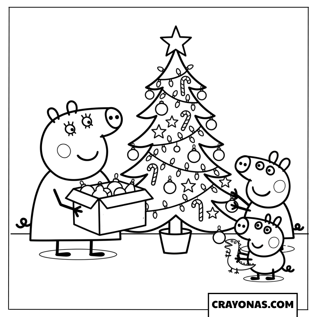 Mummy Pig, Peppa and George Christmas Tree Decorating Coloring Page