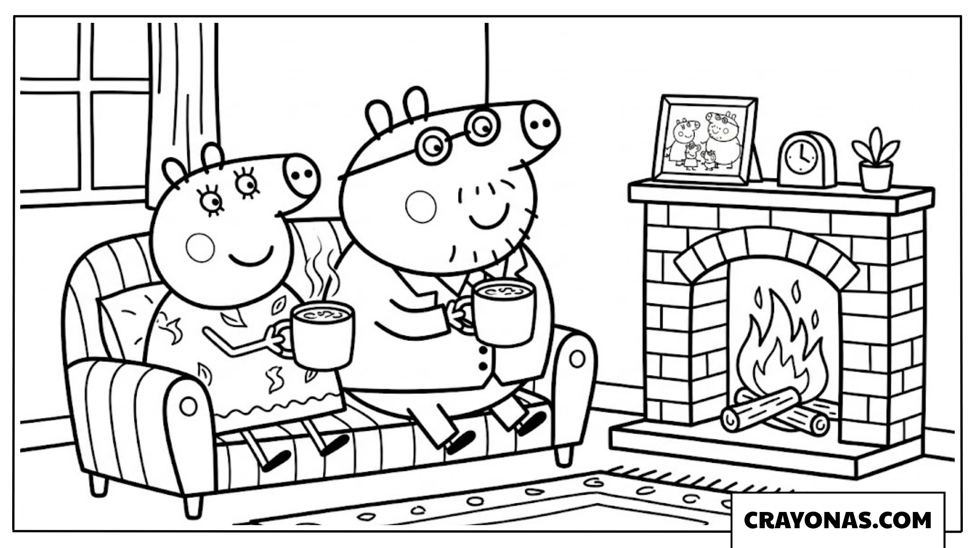Mummy Pig and Daddy Pig by Fireplace Coloring Page