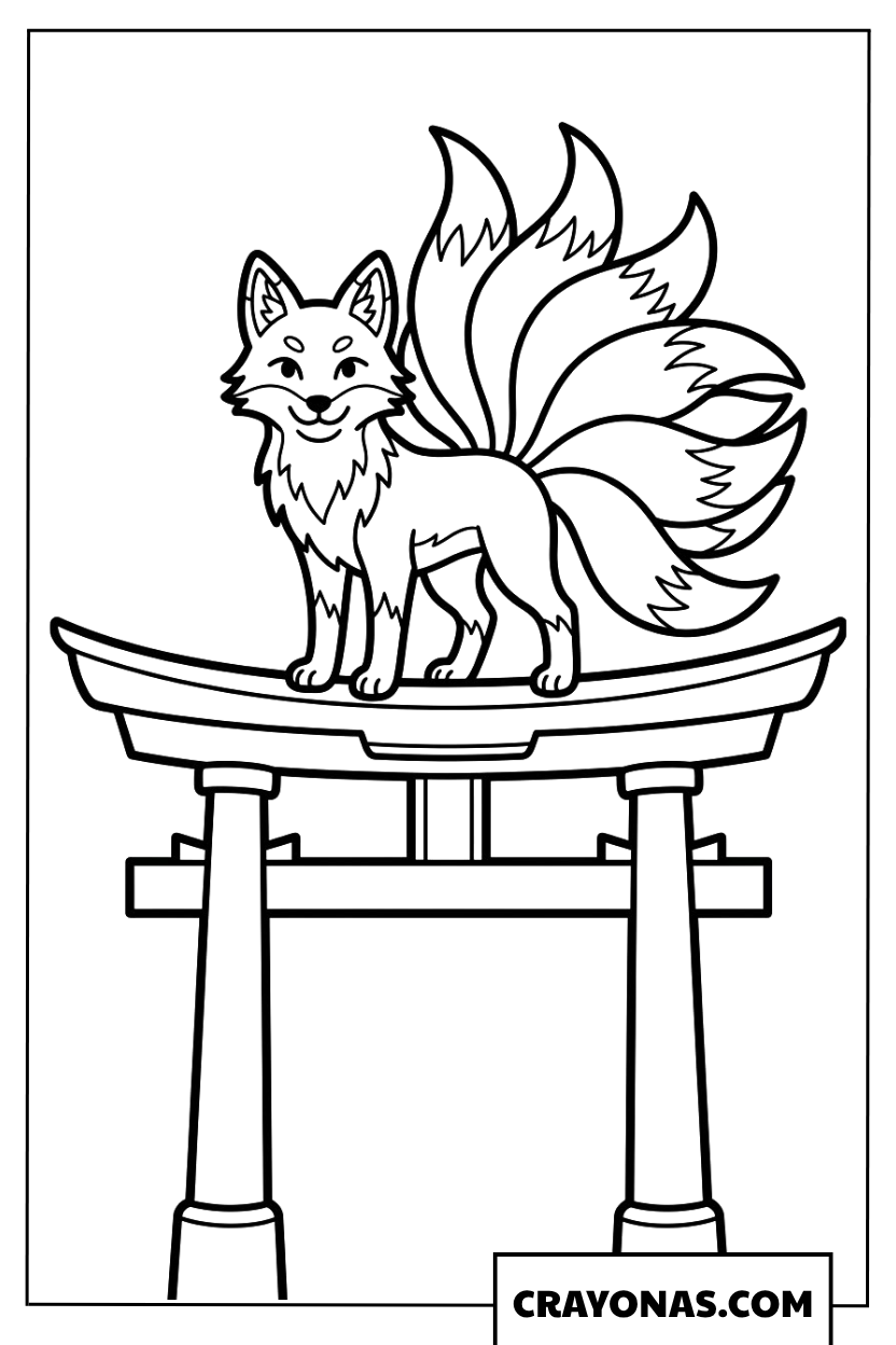 Nine-Tailed Fox on Torii Gate Coloring Page
