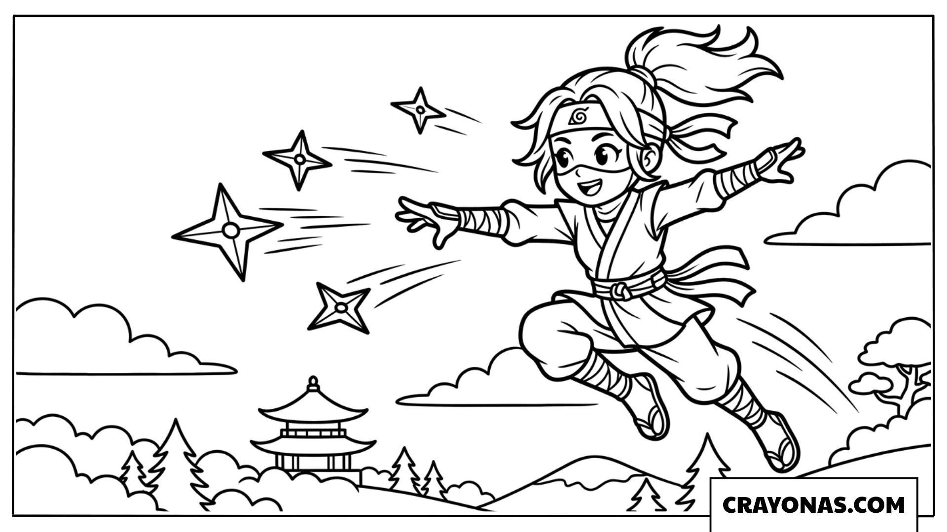 Ninja Girl Jumping Coloring Page
