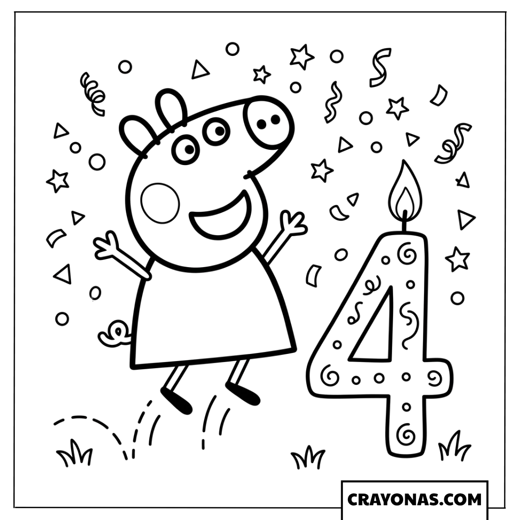 Peppa Pig 4th Birthday Candle Coloring Page