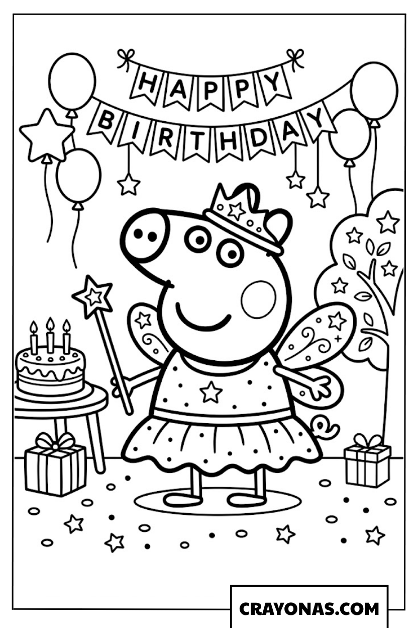 Peppa Pig Fairy Princess Birthday Coloring Page