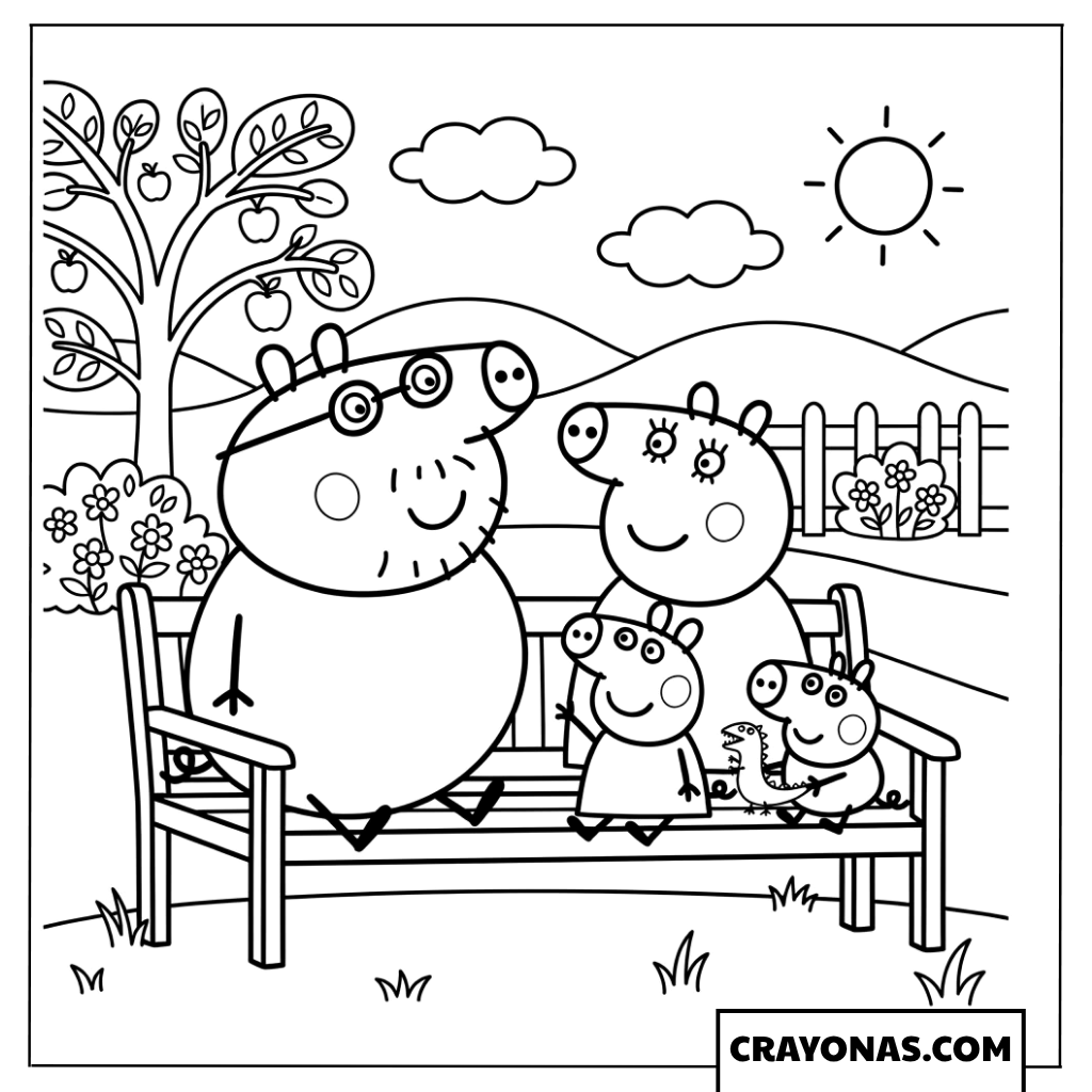 Peppa Pig Family Bench Coloring Page