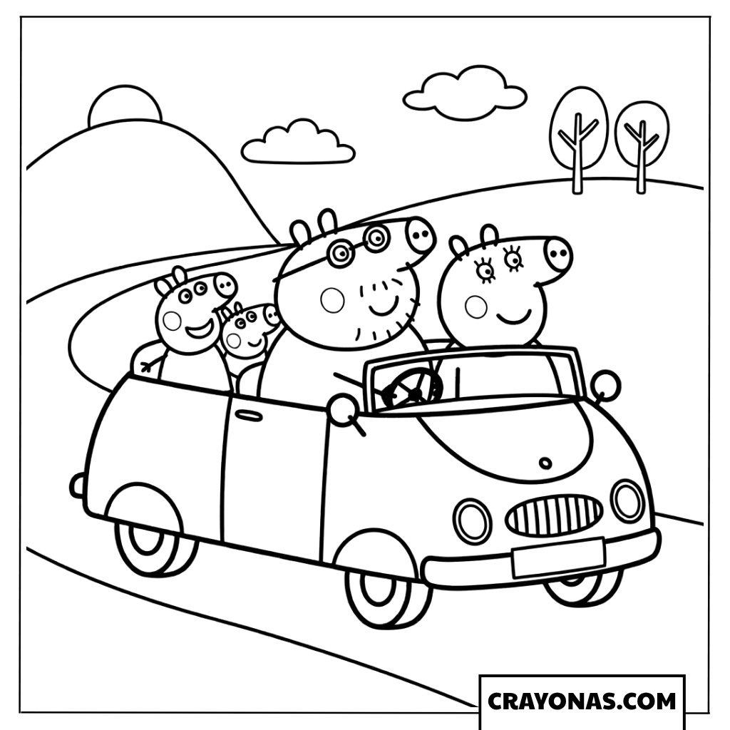 Peppa Pig Family Car Ride Coloring Page